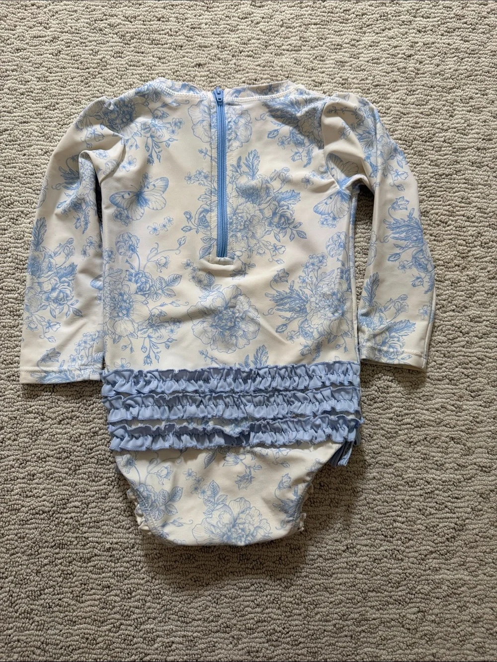 RuffleButts Blue Floral Long-Sleeve Rashguard Swimsuit
